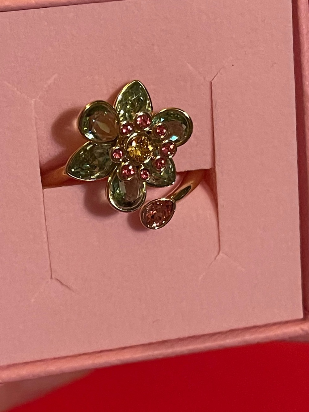 Swarovski Gold Tone Crystal Flower Wrap Ring Pink Green w/ Original Box - Picture 2 of 11